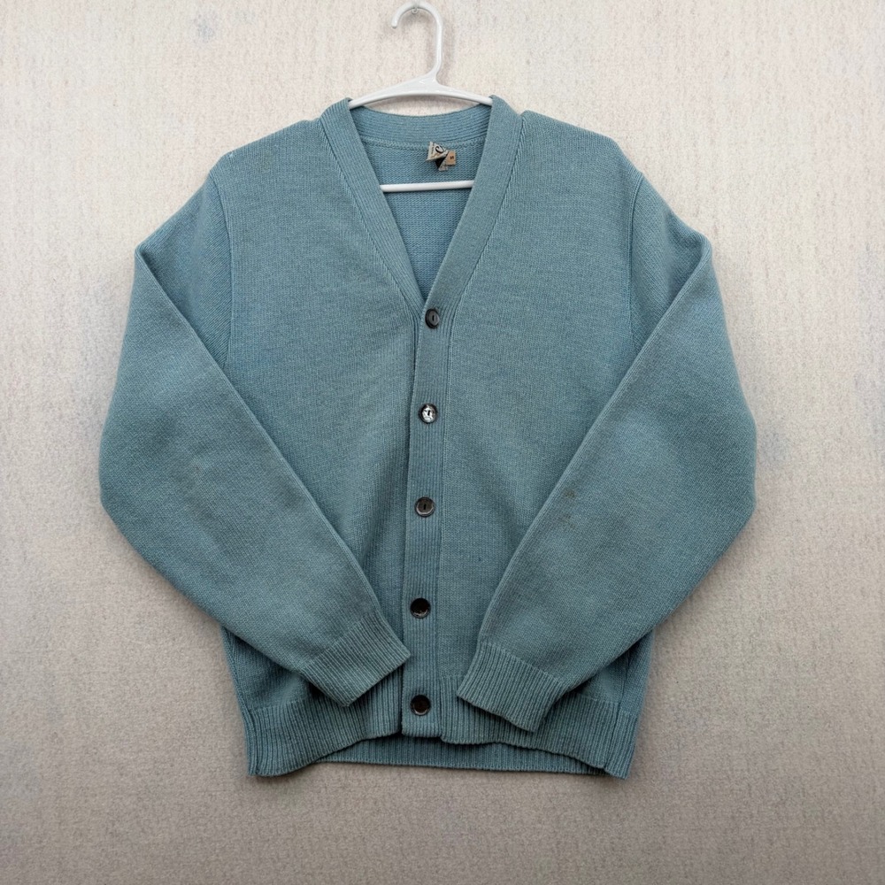 Vintage Calicuna M Holman Blue Virgin Wool Cardigan Sweater Small V-Neck